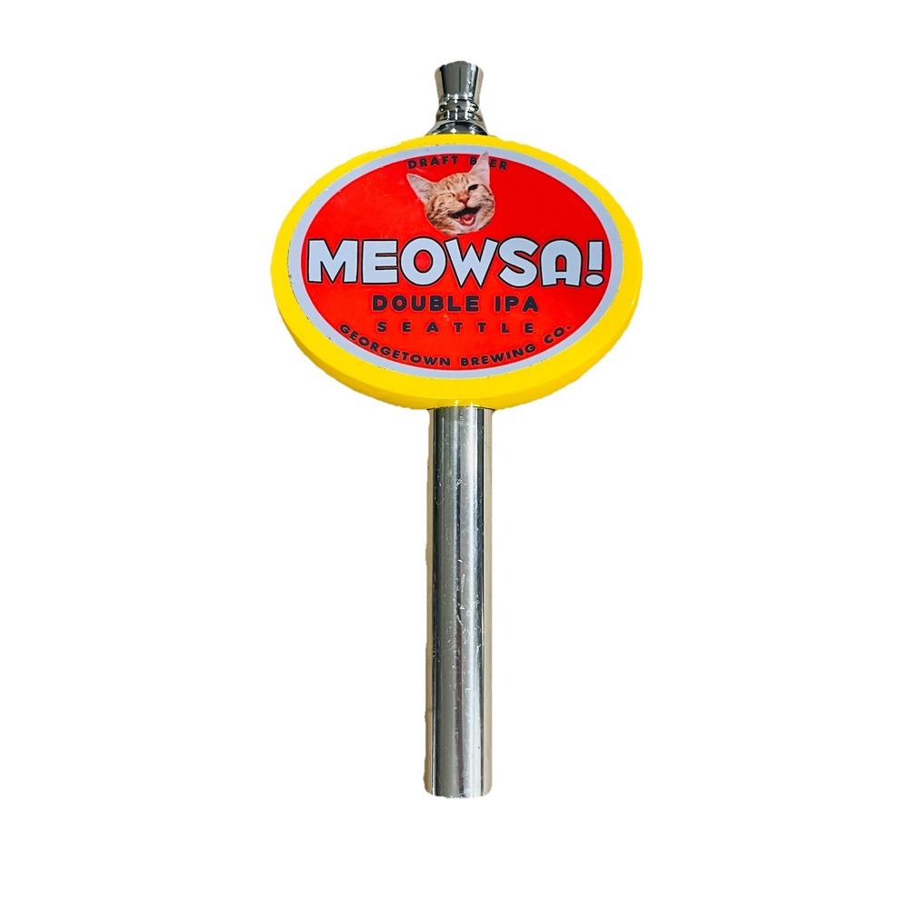 Georgetown Brewing Meowsa Double IPA Tap Handle. Brewed In Seattle Washington.